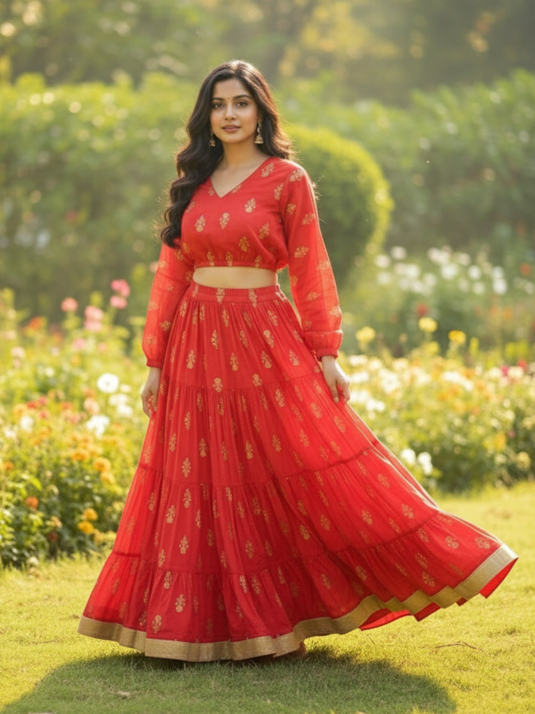 Elegant Red Printed Cord-Set for Women, Festive & Wedding Wear Outfit
