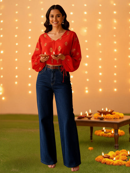 Red Printed V-Neck Top for Women | Festive Ethnic Style Blouse