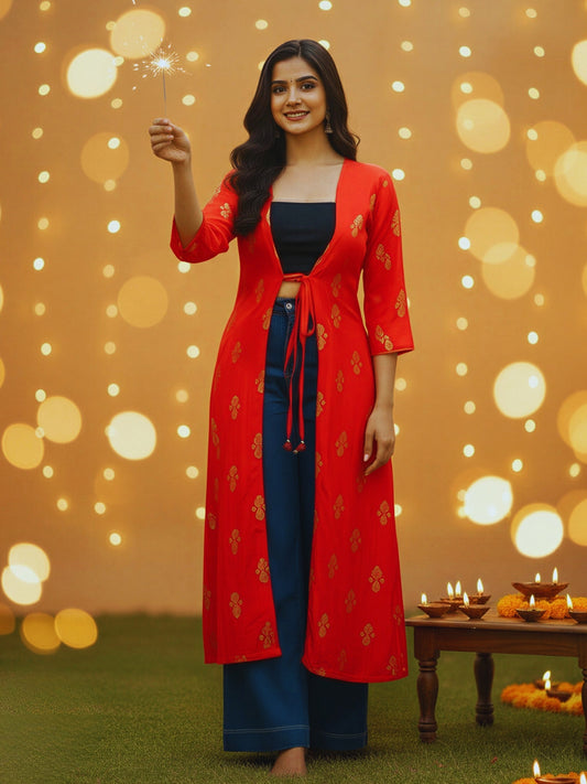 Festive Red Printed Shrug for Women | Elegant Ethnic Layer for Diwali & Party Looks