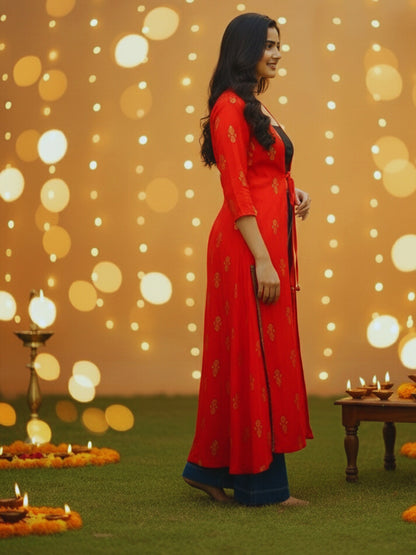 Festive Red Printed Shrug for Women | Elegant Ethnic Layer for Diwali & Party Looks