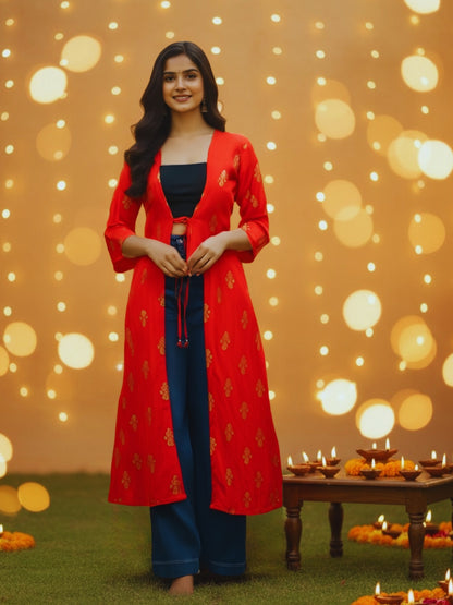 Festive Red Printed Shrug for Women | Elegant Ethnic Layer for Diwali & Party Looks