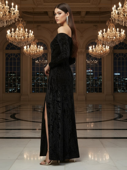 Black Velvet One Shoulder full Seleve Maxi Dress – Elegant Party Wear Evening Gown with Slit