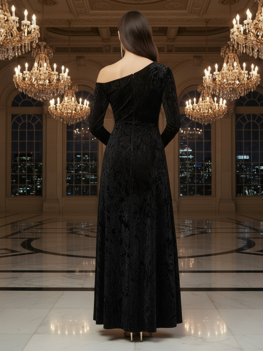 Black Velvet One Shoulder full Seleve Maxi Dress – Elegant Party Wear Evening Gown with Slit