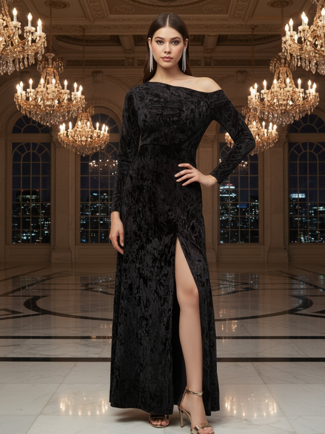 Black Velvet One Shoulder full Seleve Maxi Dress – Elegant Party Wear Evening Gown with Slit