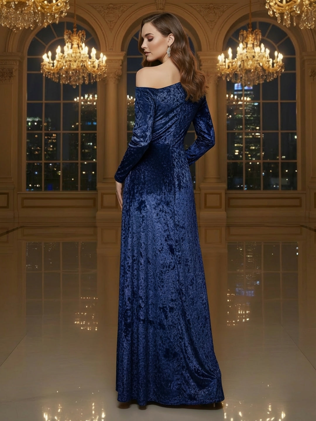 Navy Velvet One Shoulder full Seleve Maxi Dress – Elegant Party Wear Evening Gown with Slit