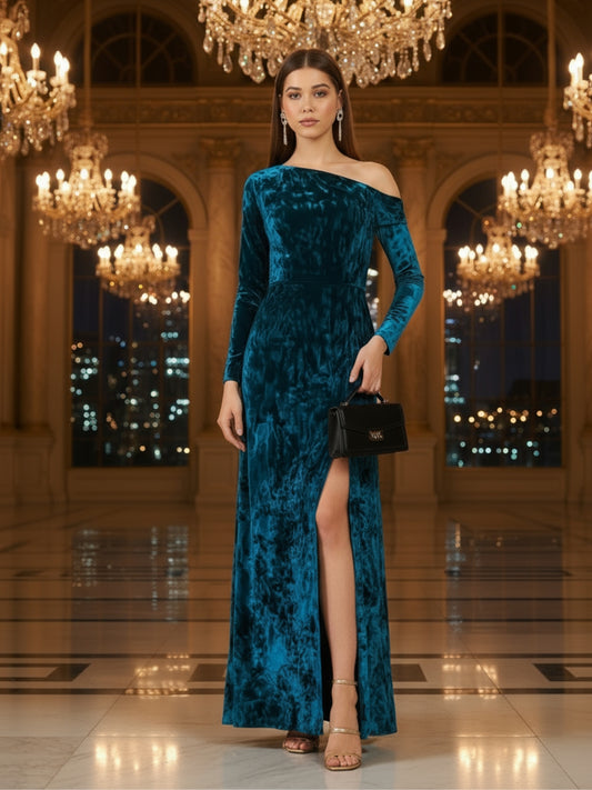 Teal Blue Velvet One Shoulder full seleve Maxi Dress – Elegant Evening Party Gown with Slit