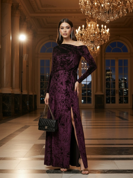 Plum Velvet One Shoulder full seleve Maxi Dress – Elegant Evening Gown with Front Slit