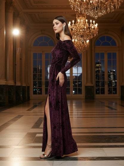 Plum Velvet One Shoulder full seleve Maxi Dress – Elegant Evening Gown with Front Slit