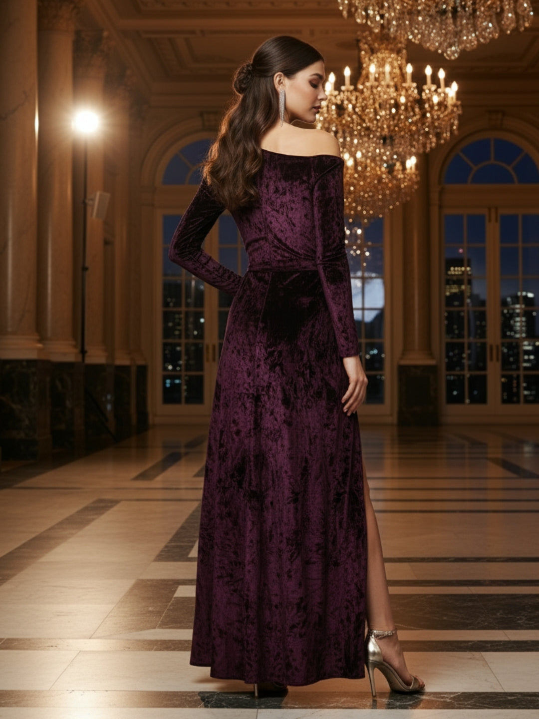 Plum Velvet One Shoulder full seleve Maxi Dress – Elegant Evening Gown with Front Slit