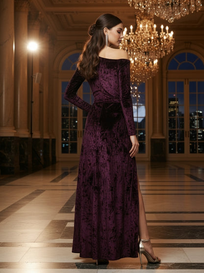 Plum Velvet One Shoulder full seleve Maxi Dress – Elegant Evening Gown with Front Slit