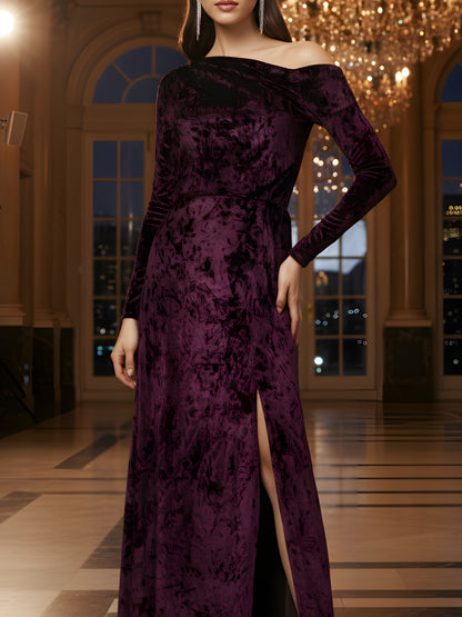 Plum Velvet One Shoulder full seleve Maxi Dress – Elegant Evening Gown with Front Slit