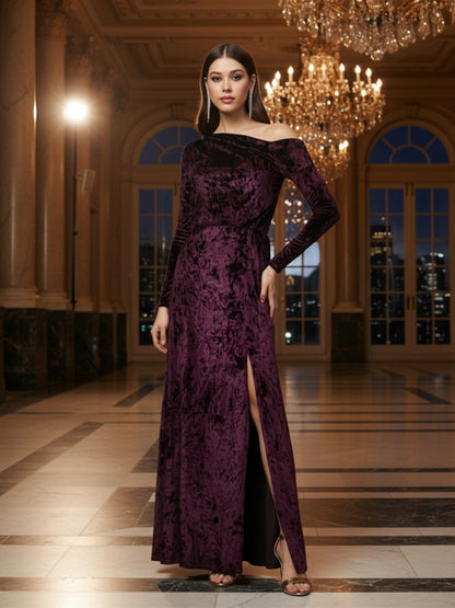Plum Velvet One Shoulder full seleve Maxi Dress – Elegant Evening Gown with Front Slit