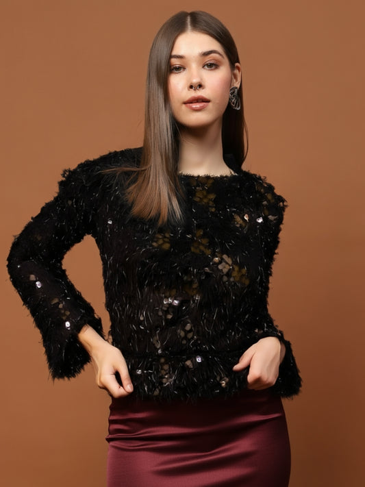 Black Sequin Furry Top for Women – Partywear Shimmer Top | Stylish Designer Evening Top