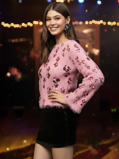 Pink Sequin Furry Top for Women – Partywear Shimmer Top | Stylish Designer Evening Top