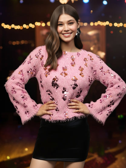 Pink Sequin Furry Top for Women – Partywear Shimmer Top | Stylish Designer Evening Top