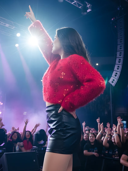 Red Sequin Furry Top for Women – Partywear Shimmer Top | Stylish Designer Evening Top