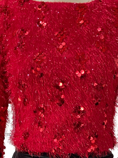 Red Sequin Furry Top for Women – Partywear Shimmer Top | Stylish Designer Evening Top