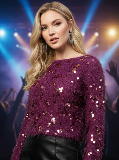 Wine Sequin Furry Top for Women – Partywear Shimmer Top | Stylish Designer Evening Top