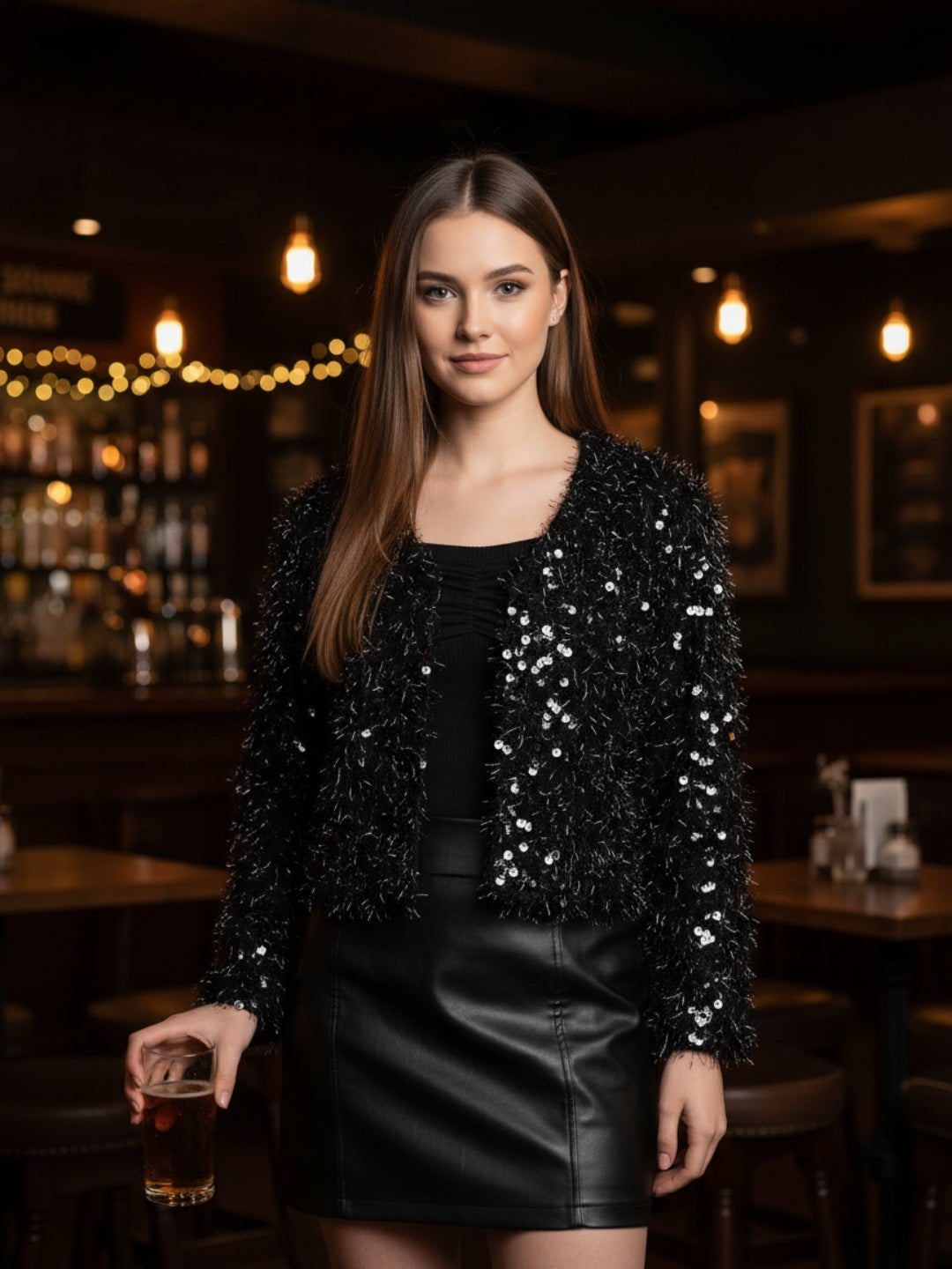 Women’s Black Sequinned Party Shrug | Stylish Fuzzy Glitter Jacket for Festive & Evening Wear