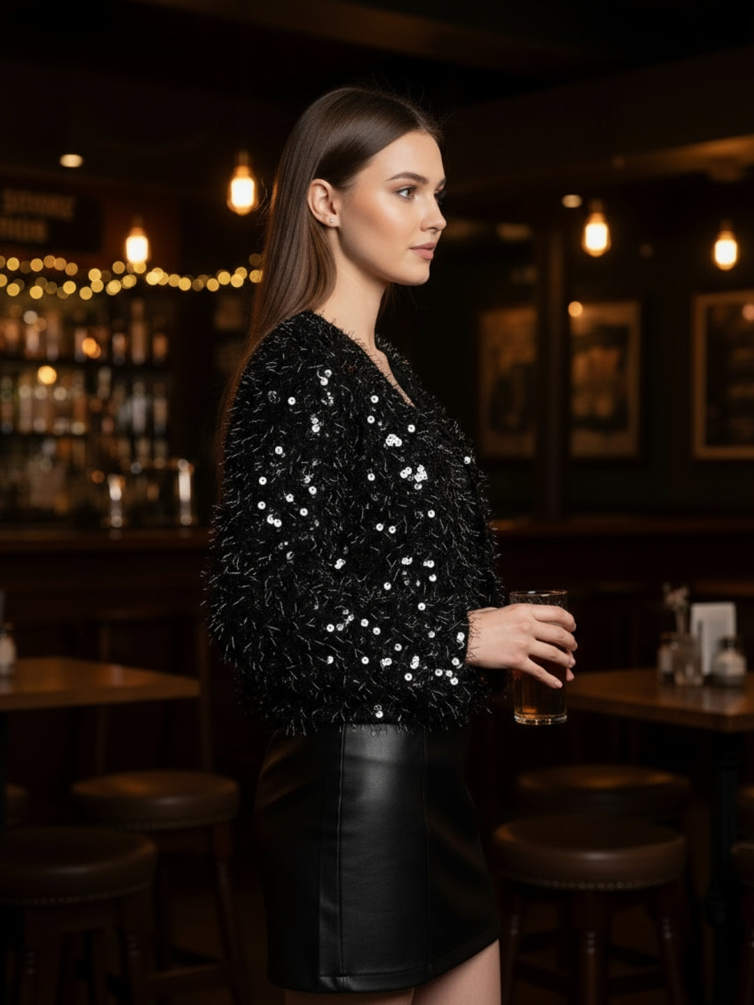 Women’s Black Sequinned Party Shrug | Stylish Fuzzy Glitter Jacket for Festive & Evening Wear