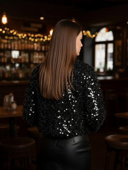 Women’s Black Sequinned Party Shrug | Stylish Fuzzy Glitter Jacket for Festive & Evening Wear