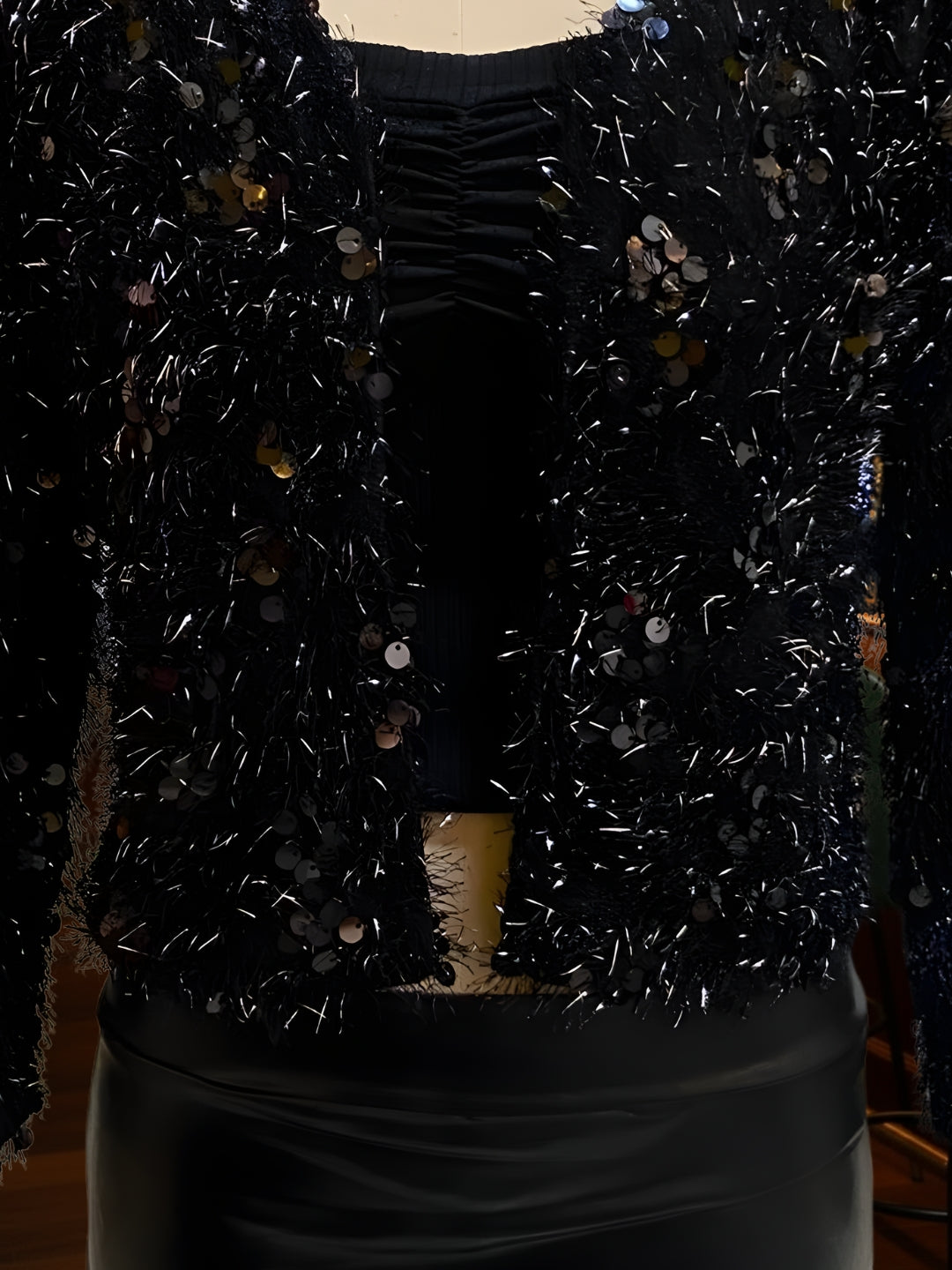 Women’s Black Sequinned Party Shrug | Stylish Fuzzy Glitter Jacket for Festive & Evening Wear