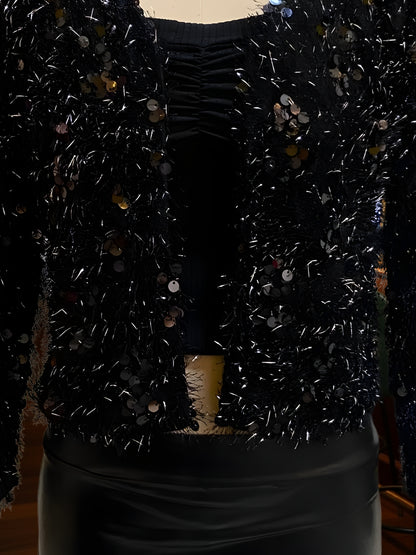 Women’s Black Sequinned Party Shrug | Stylish Fuzzy Glitter Jacket for Festive & Evening Wear