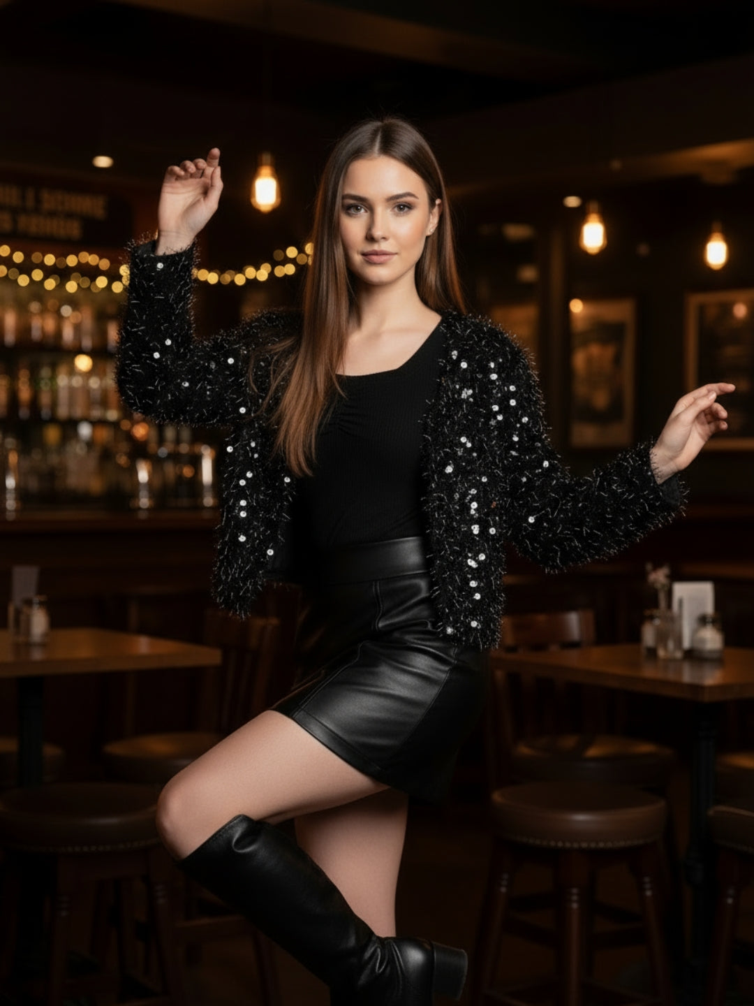 Women’s Black Sequinned Party Shrug | Stylish Fuzzy Glitter Jacket for Festive & Evening Wear