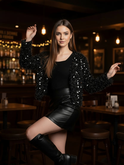 Women’s Black Sequinned Party Shrug | Stylish Fuzzy Glitter Jacket for Festive & Evening Wear