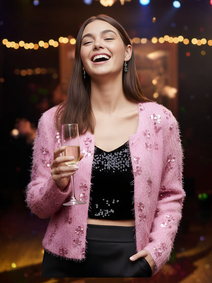 Women’s Pink Sequinned Party Shrug | Stylish Fuzzy Glitter Jacket for Festive & Evening Wear