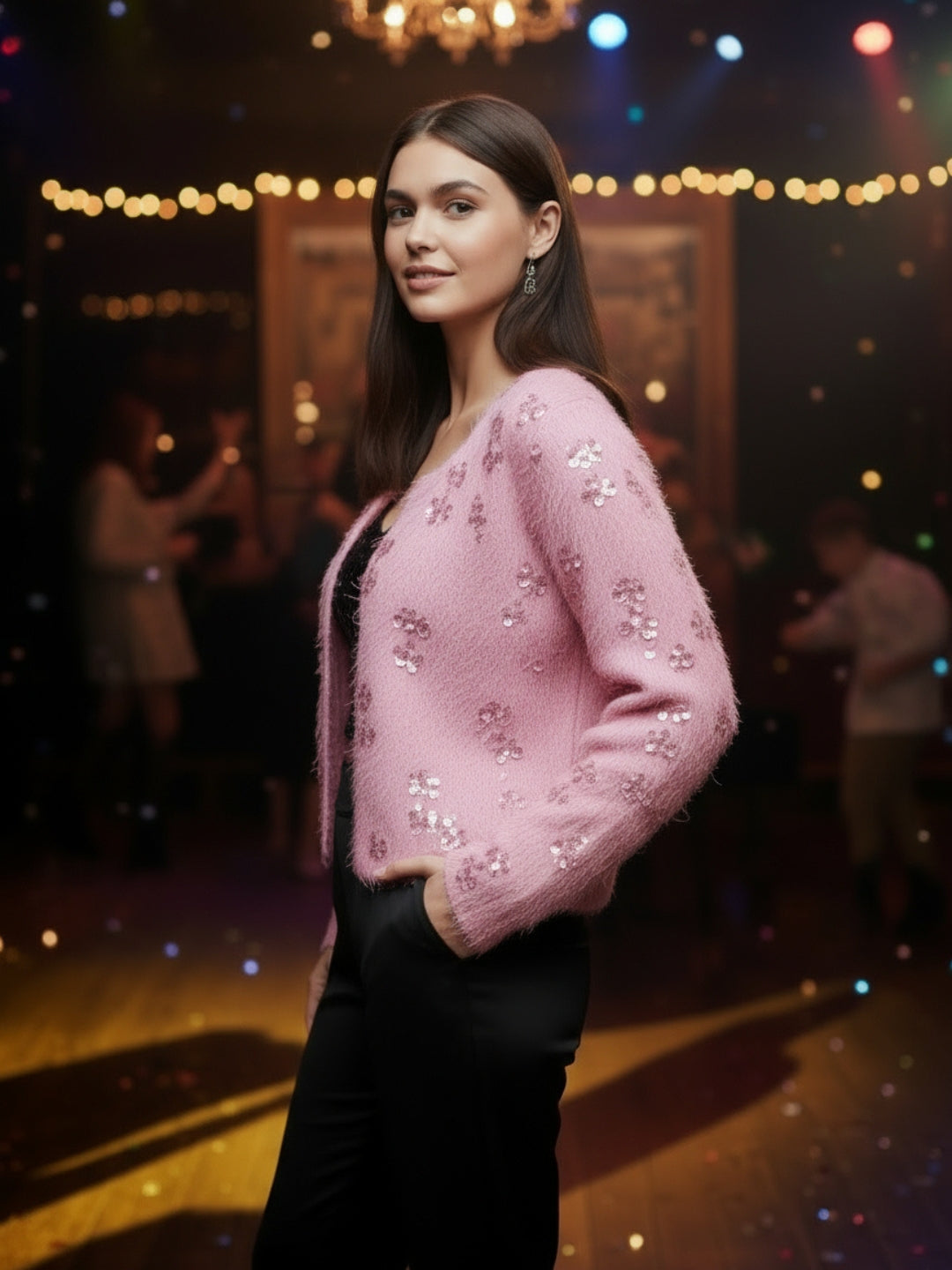 Women’s Pink Sequinned Party Shrug | Stylish Fuzzy Glitter Jacket for Festive & Evening Wear