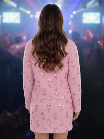 Pink Furry Sequin Cord Set for Women Stylish Partywear Dress with ShrugTrendy Winter Fashion Set