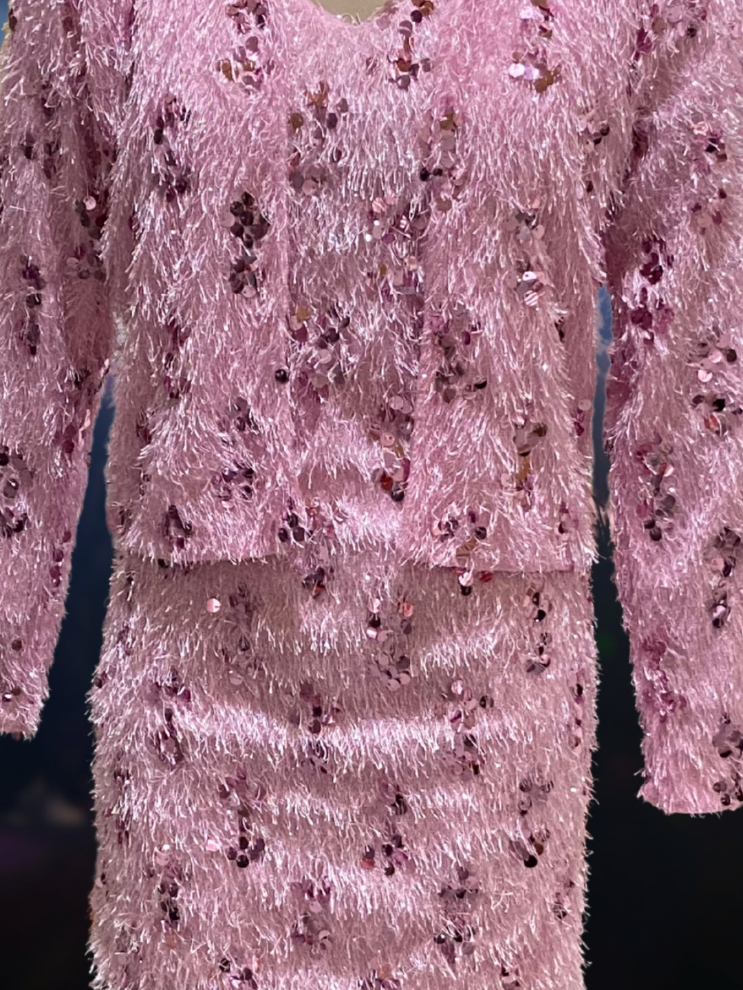 Pink Furry Sequin Cord Set for Women Stylish Partywear Dress with ShrugTrendy Winter Fashion Set