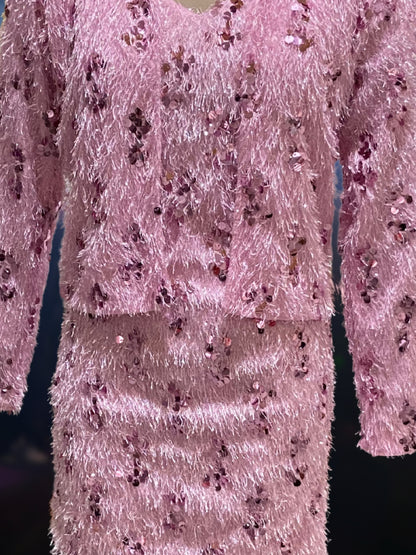 Pink Furry Sequin Cord Set for Women Stylish Partywear Dress with ShrugTrendy Winter Fashion Set
