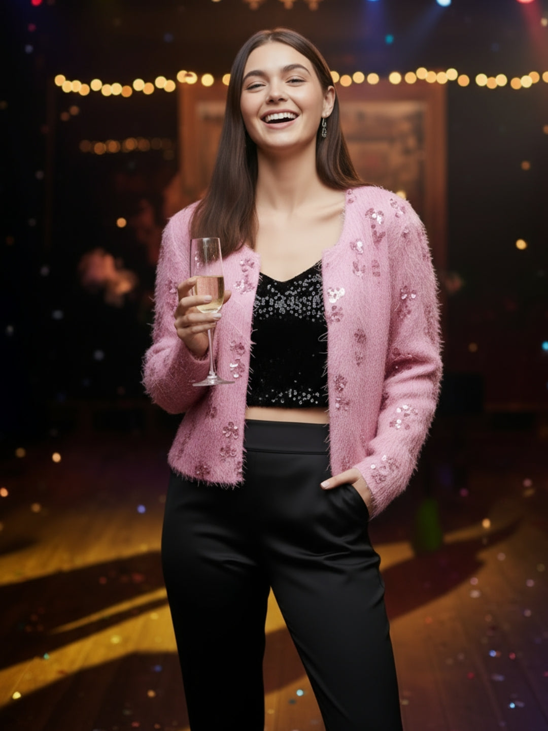 Women’s Pink Sequinned Party Shrug | Stylish Fuzzy Glitter Jacket for Festive & Evening Wear