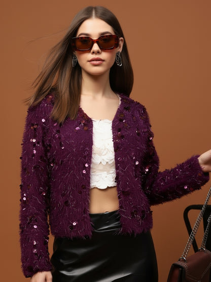 Women’s Wine Sequinned Party Shrug | Stylish Fuzzy Glitter Jacket for Festive & Evening Wear
