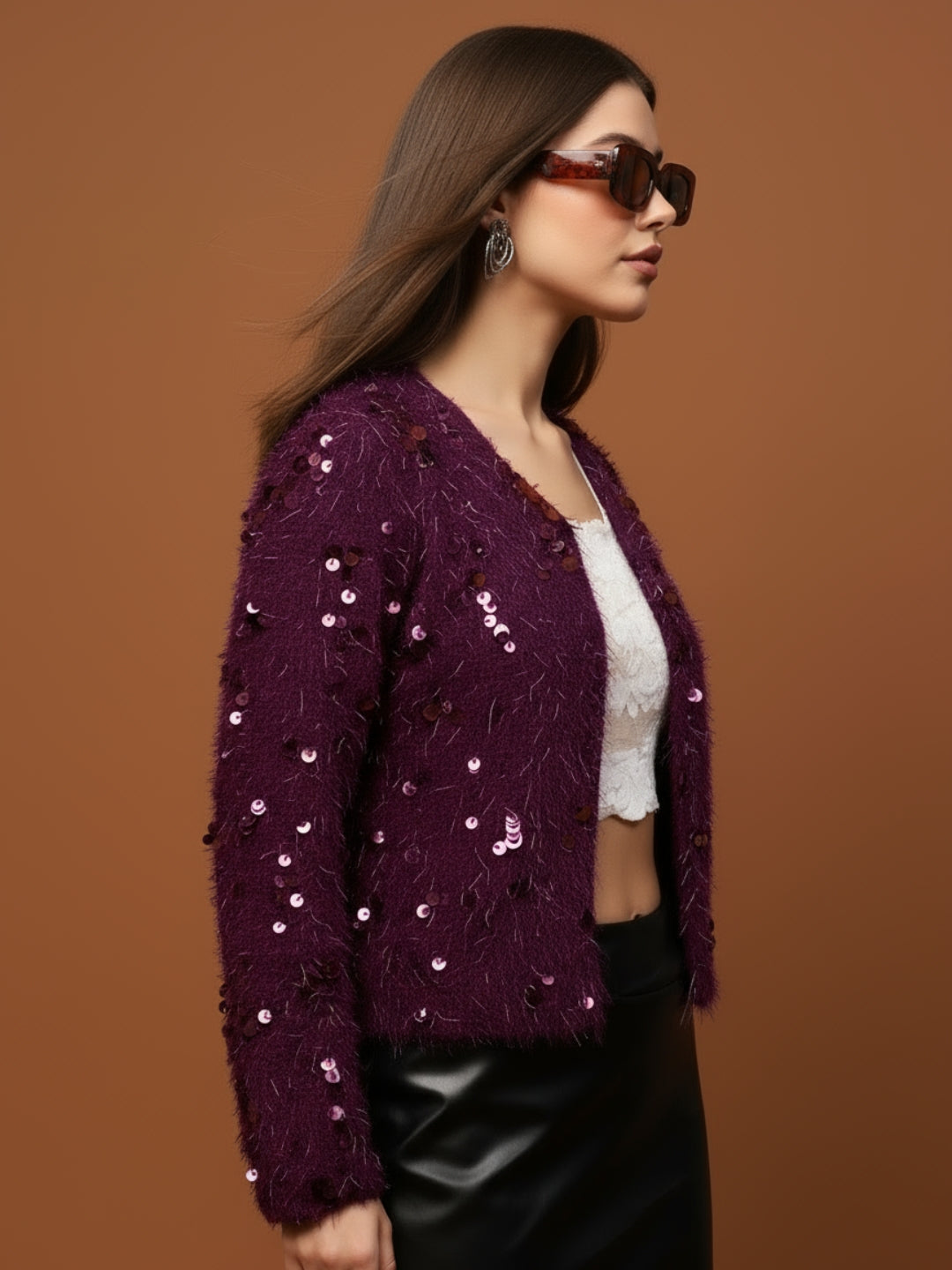 Women’s Wine Sequinned Party Shrug | Stylish Fuzzy Glitter Jacket for Festive & Evening Wear