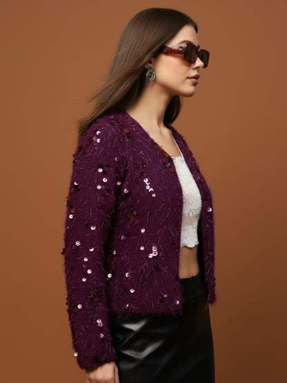 Women’s Wine Sequinned Party Shrug | Stylish Fuzzy Glitter Jacket for Festive & Evening Wear