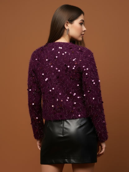 Women’s Wine Sequinned Party Shrug | Stylish Fuzzy Glitter Jacket for Festive & Evening Wear