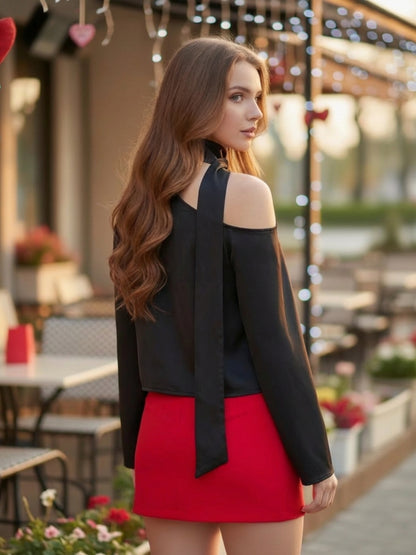 Black One-Shoulder Tie-Neck Top for Women