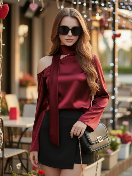 Red One-Shoulder Tie-Neck Top for Women