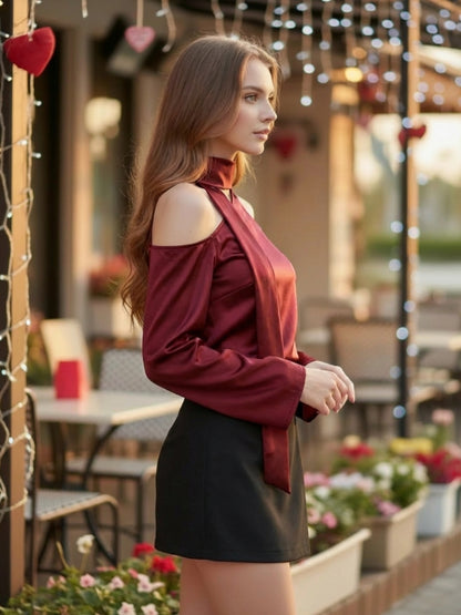 Red One-Shoulder Tie-Neck Top for Women