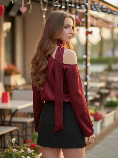 Red One-Shoulder Tie-Neck Top for Women