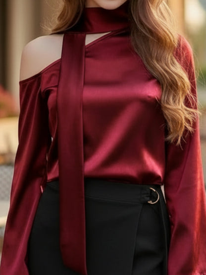 Red One-Shoulder Tie-Neck Top for Women