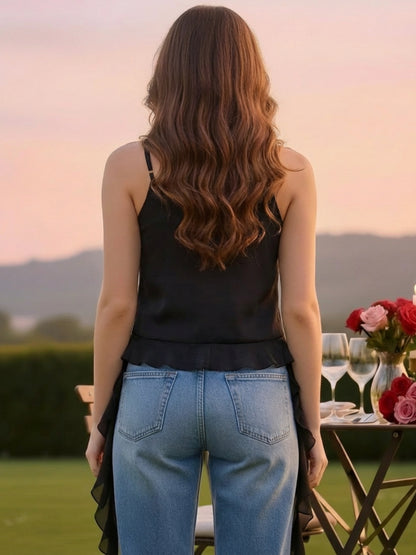 Black Ruffled Spaghetti Strap Top for Women