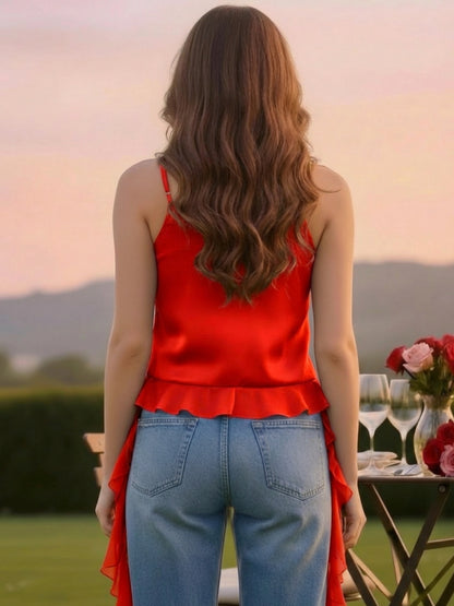 Red Ruffled Spaghetti Strap Top for Women