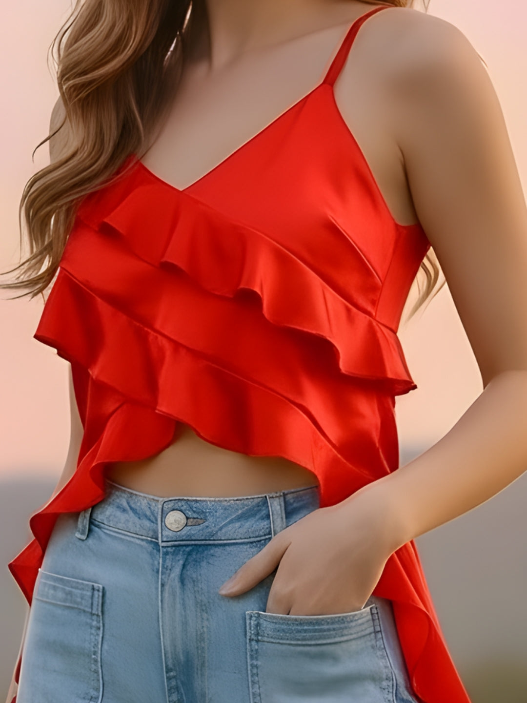 Red Ruffled Spaghetti Strap Top for Women