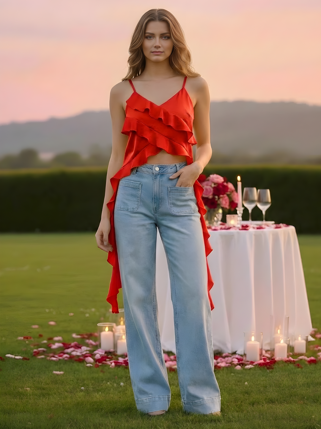 Red Ruffled Spaghetti Strap Top for Women