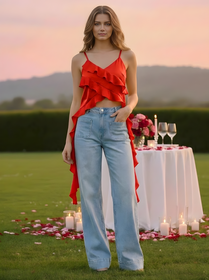 Red Ruffled Spaghetti Strap Top for Women