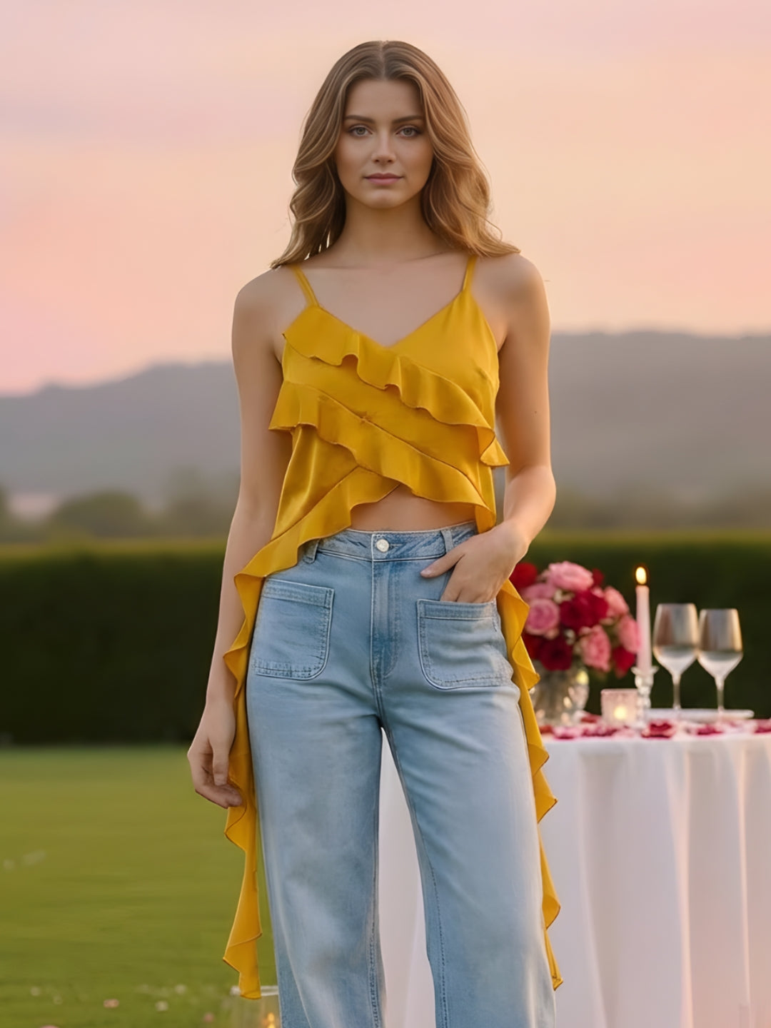 Yellow Ruffled Spaghetti Strap Top for Women